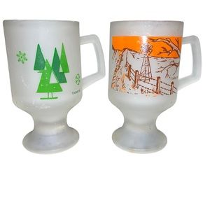2 Vintage Frosted Glass Coffee Mugs cups Tiara 83 Windmill & Christmas‎ Trees